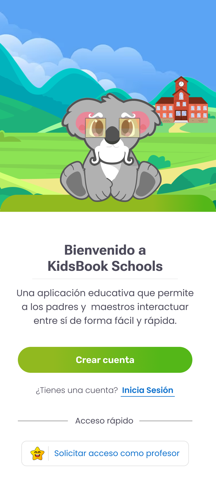 Pantalla de bienvenida de KidsBook Schools
